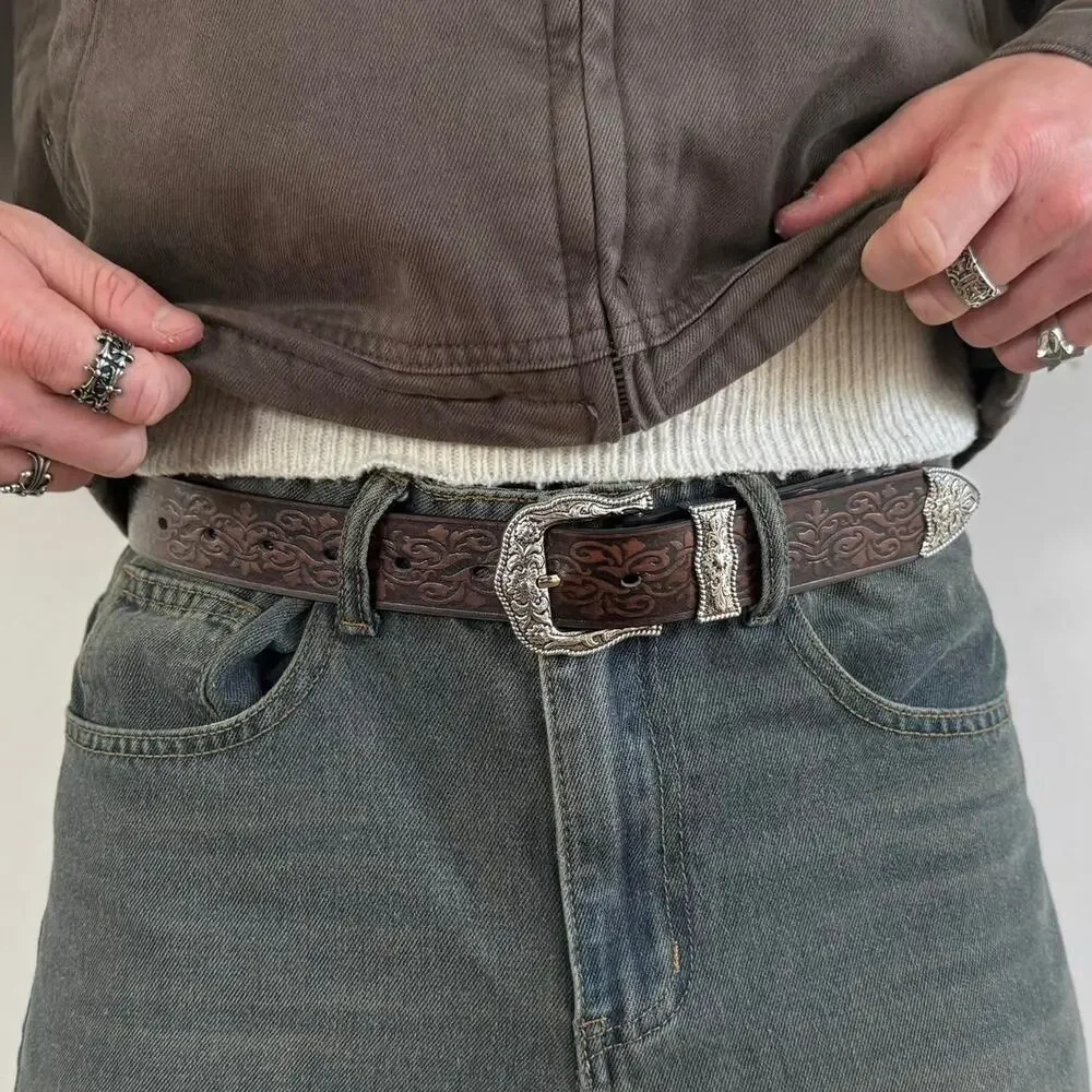 y2k style engraved brown american western design belt